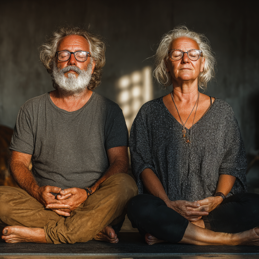 Група літніх людей на занятті йоги